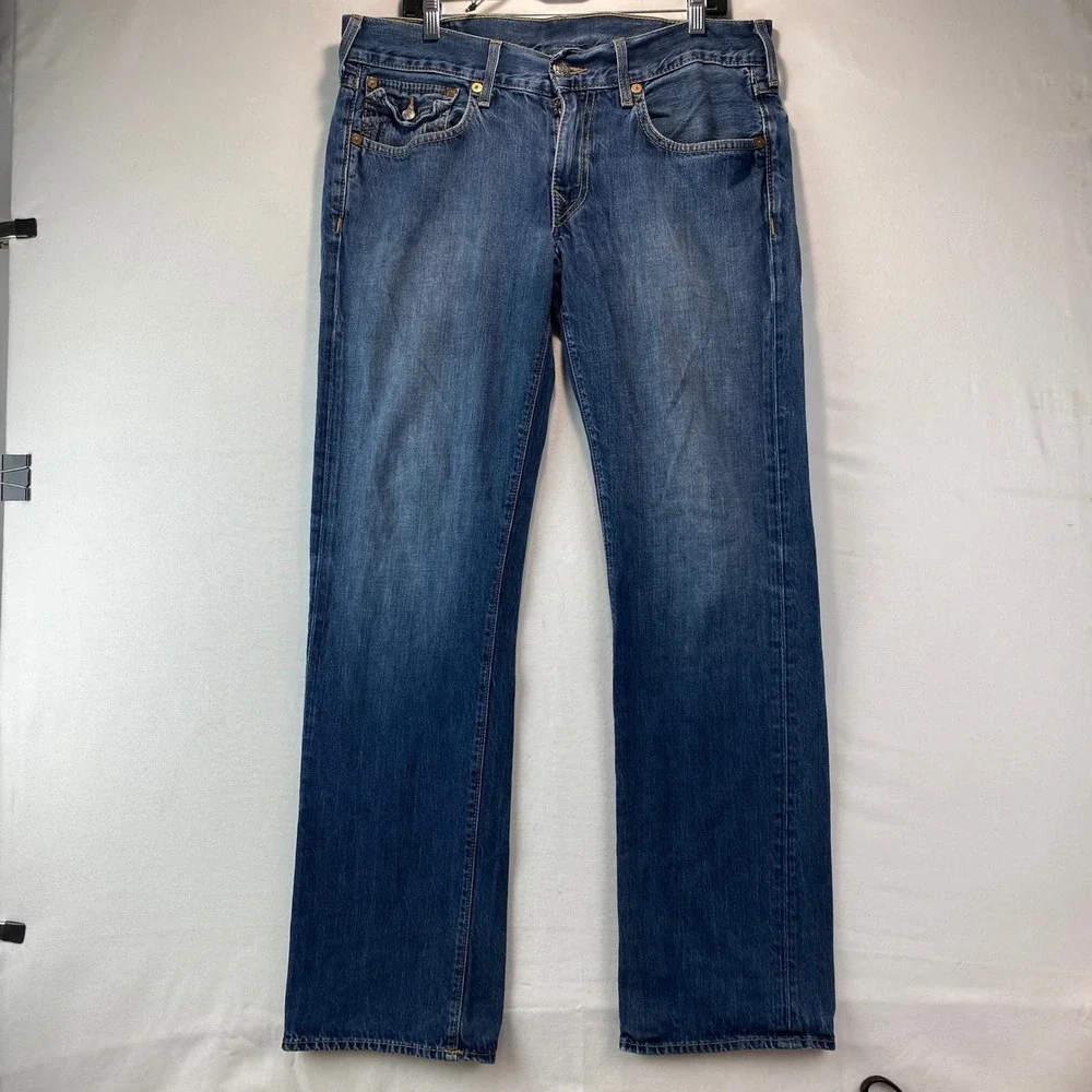 VTG Y2K True Religion Straight Leg Jeans Mens 34 Blue Denim Made in USA 0461
